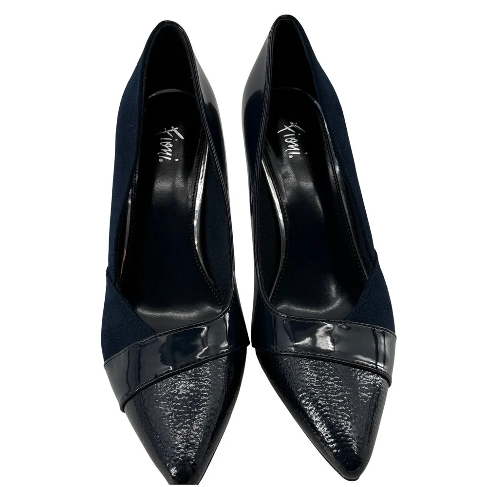 Fioni Jody 7W Wide Pointed Toe Pumps Navy Patent Mixed Media Kitten Heels 164367